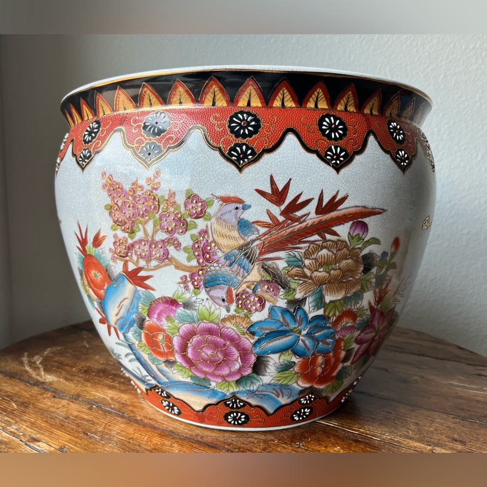 Vintage Chinoiserie Large Porcelain Koi Fish Planter Bowl Cachepot